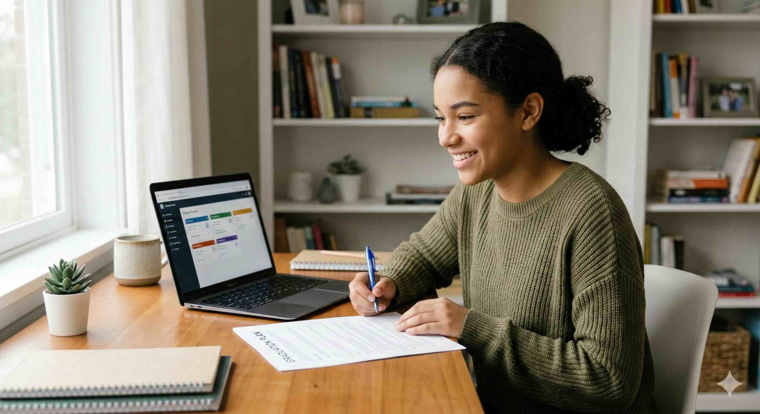 A high school student smiling while planning their course schedule on a laptop and paper.