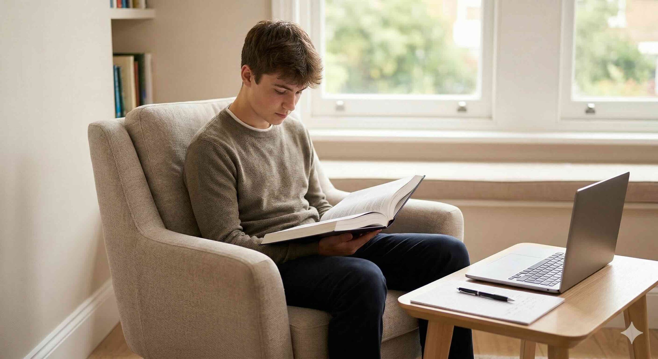 A high school student sits in a sunny chair by a window, reading a textbook during an independent study session.
