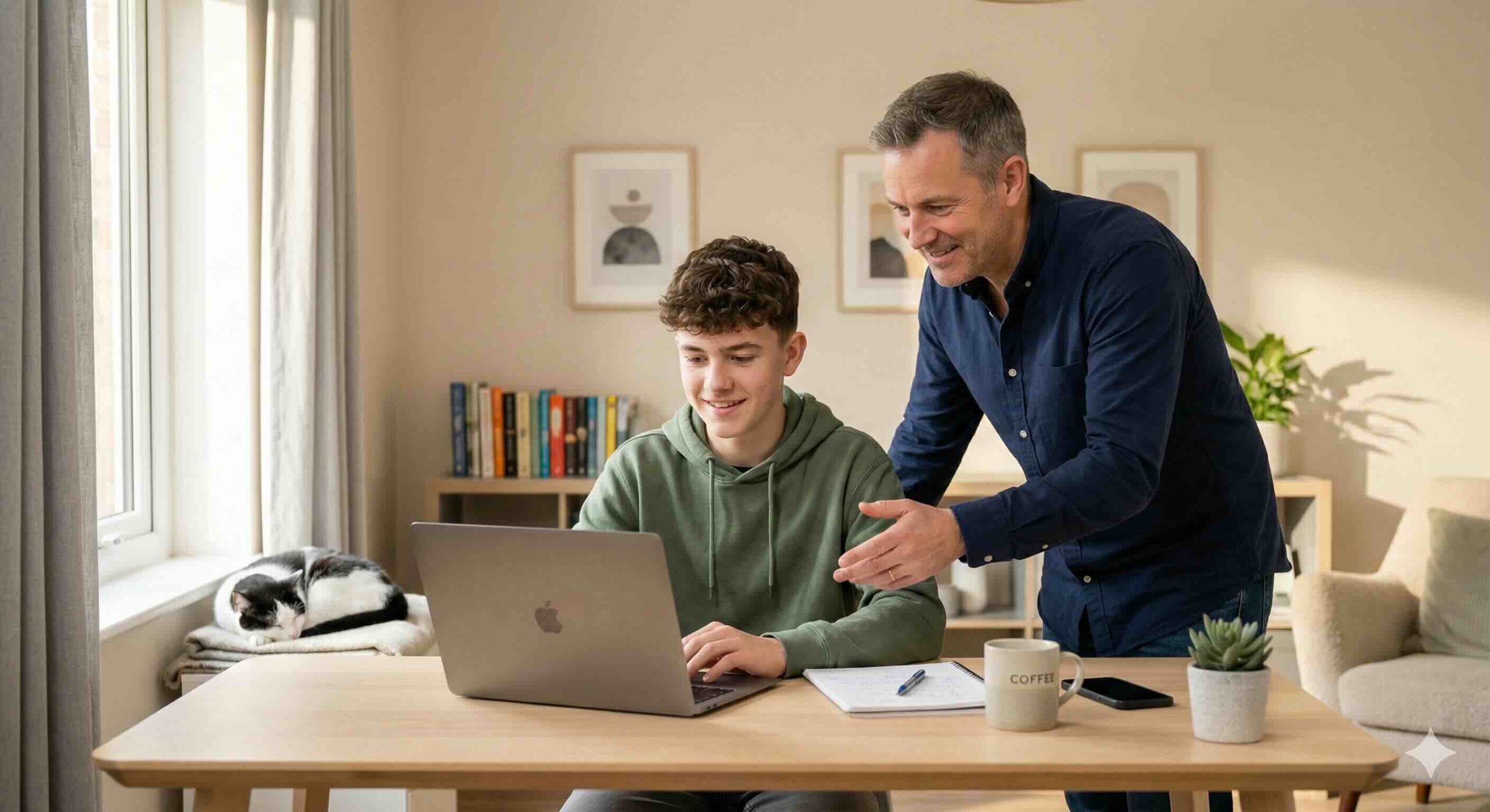 A teenage student and a parent reviewing online school enrollment information on a laptop in a bright home office.