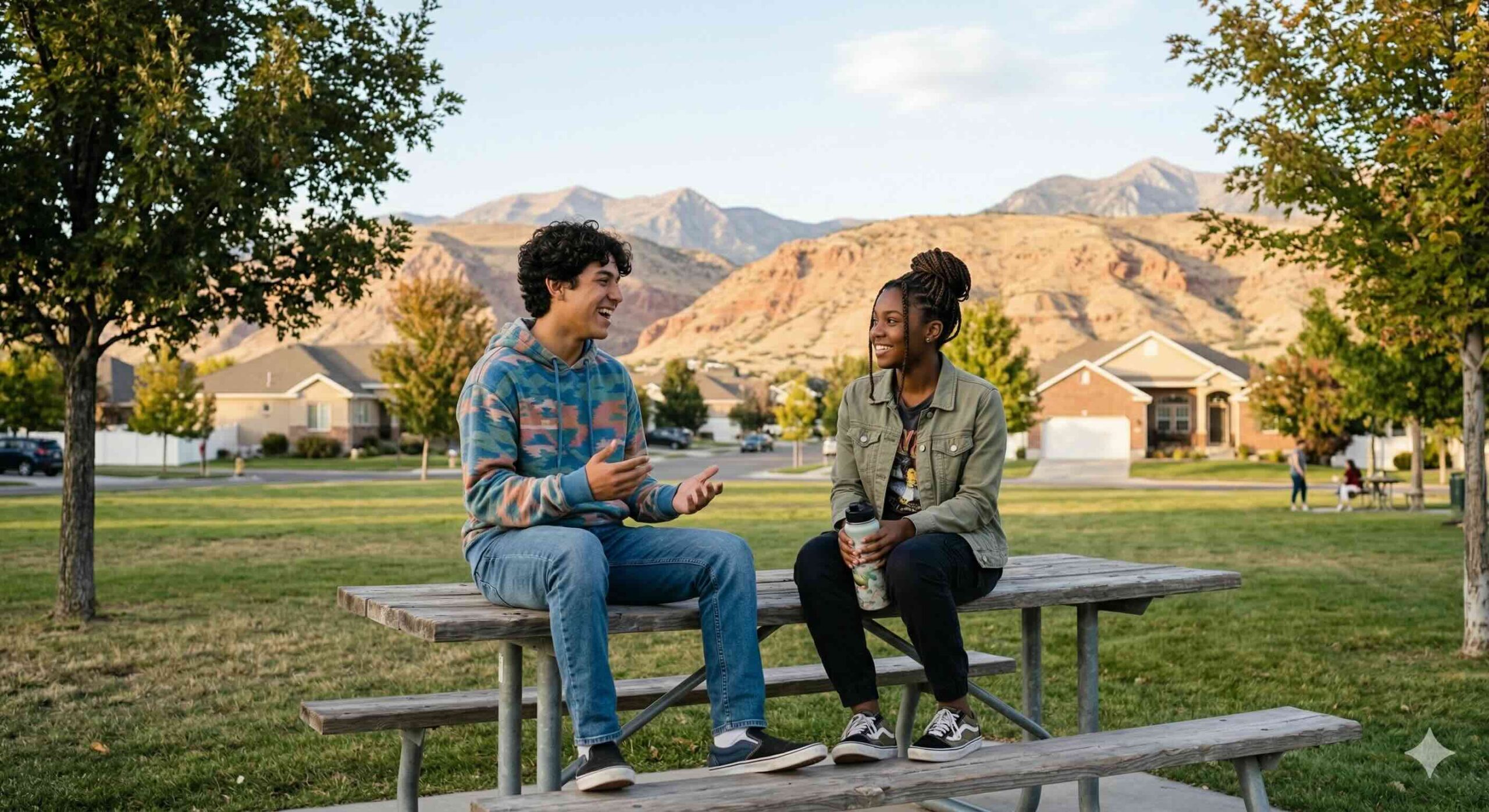 Two teenagers sitting in a park considering the costs of online school